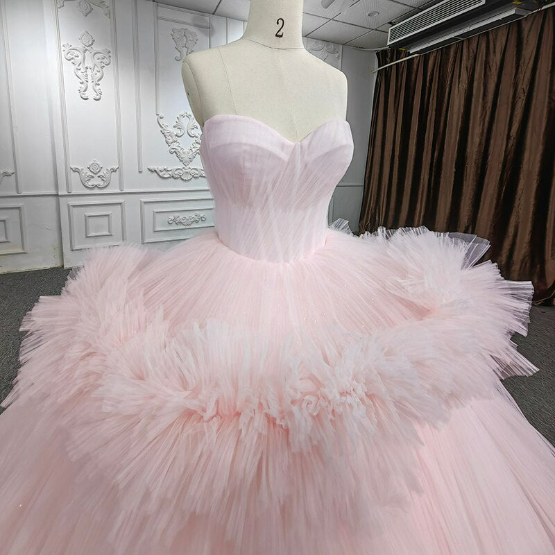 Tulle pink sweetheart neckline pleated luxury lace evening prom quinceanera wedding dress