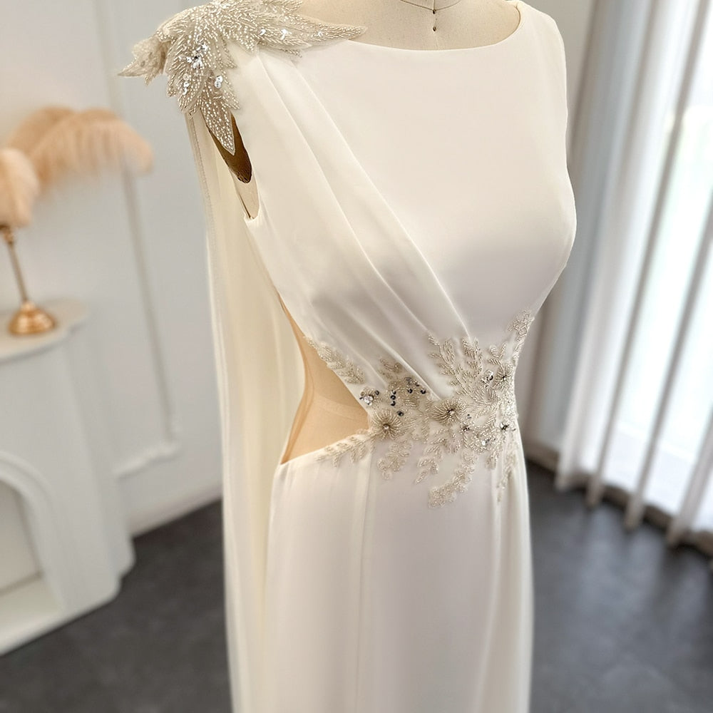 Luxury Dubai White Evening Dress with Cape Beaded Elegant Arabic Women Prom Formal Dresses for Wedding Party SS301