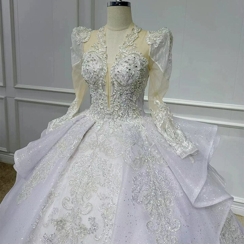 V neck Light blue fairy tale wedding dress