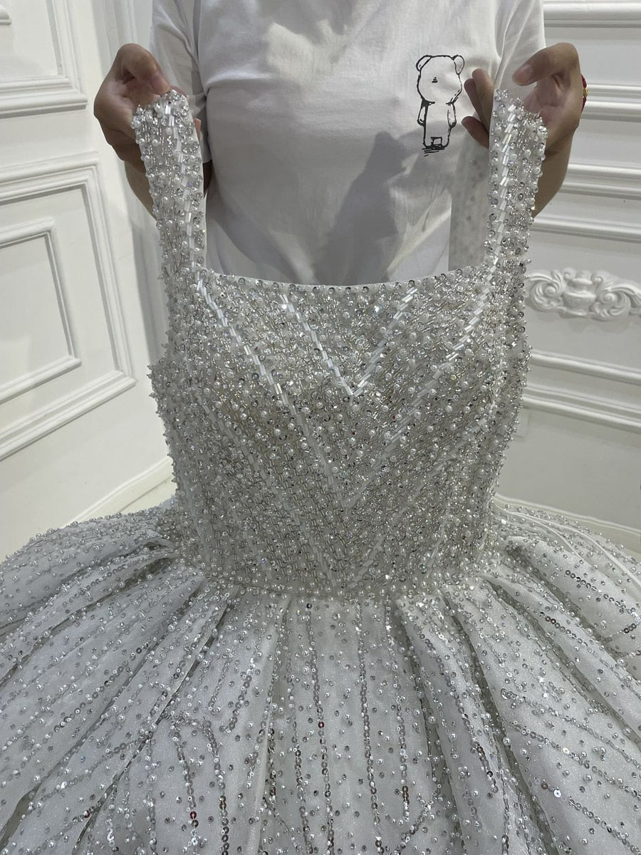 NS4136 Spaghetti strap crystal beaded shiny royal train luxury ball gown wedding dress