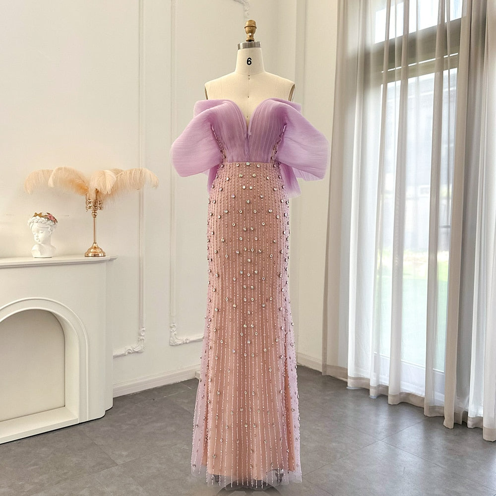 Luxury Dubai Lilac Long Evening Dress for Women Wedding Party Elegant Off Shoulder Arabic Formal Prom Gown S327