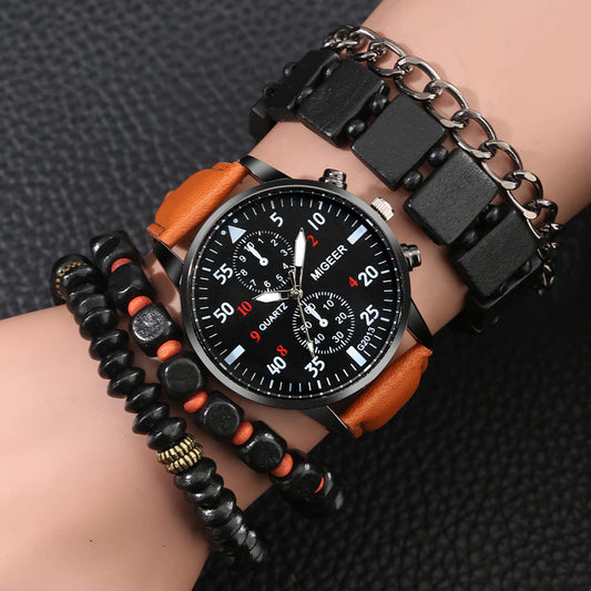 Male Watch Luxury Bracelet Set Fashion Business Brown Leather Quartz Wrist Watches for Men Gift Set Relogio Masculino
