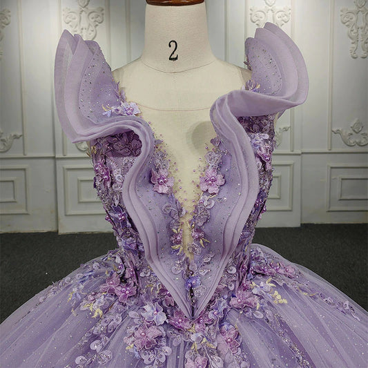 Purple Ruched v neckline quinceanera ball gown flower applique dress