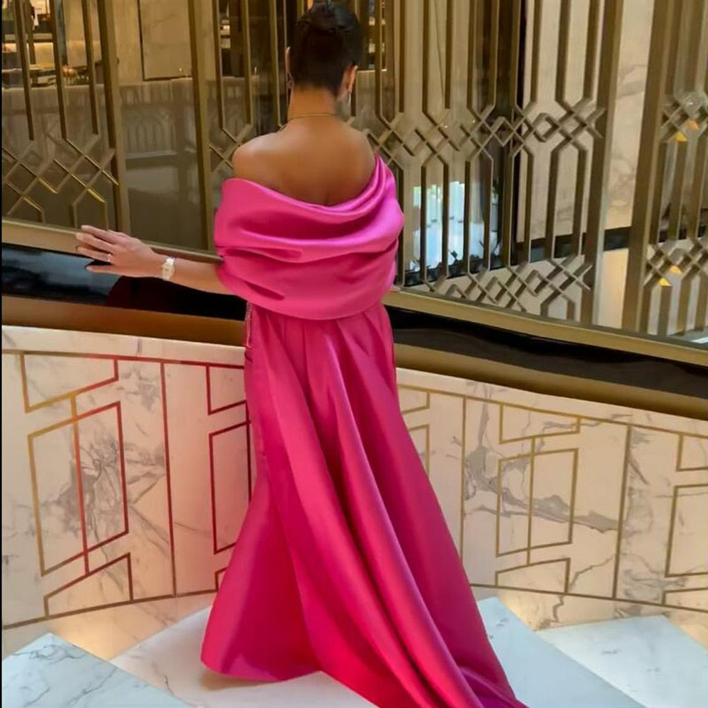 Hot Pink Mermaid Dubai Luxury Evening Dresses with Cape Shawl Arabic Women Long Wedding Party Guest Gowns SS296