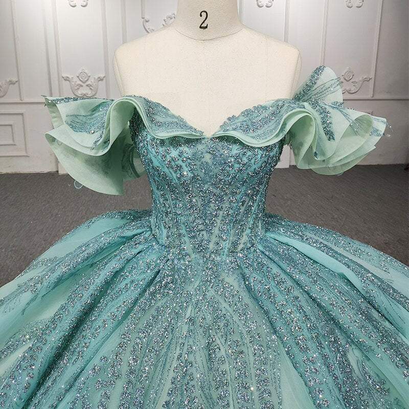 Green sequined luxury ball gown dress