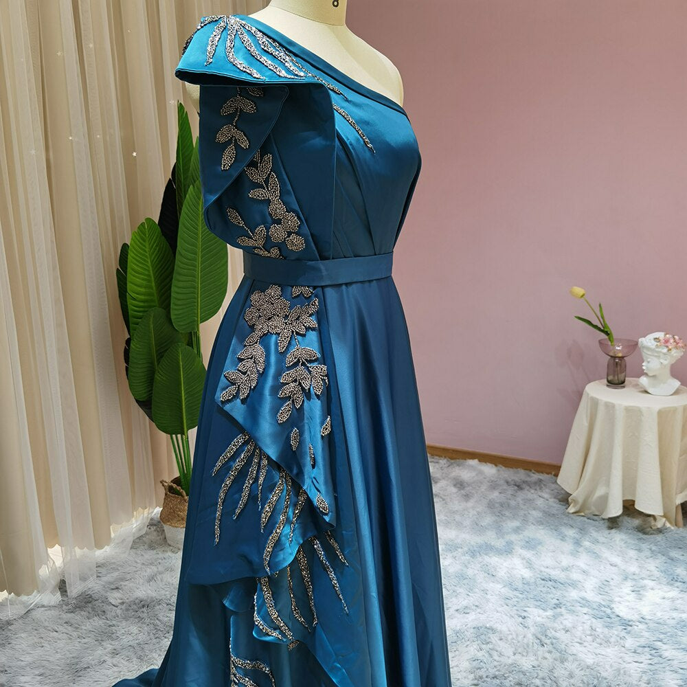 Navy Blue One Shoulder Luxury Dubai Evening Dress for Women Wedding Formal Dresses Side Slit Prom Party Dress