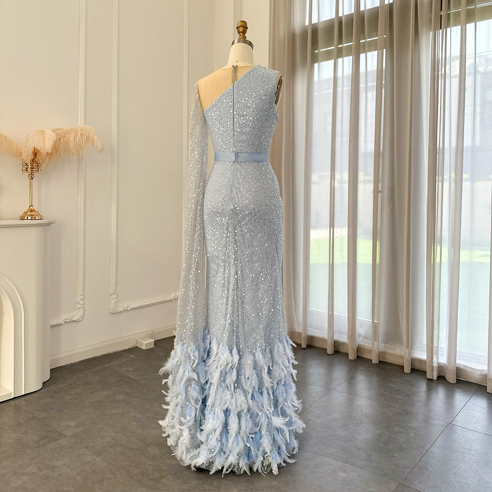 Luxury Feathers Mermaid Evening Dresses with Cape Sleeve One Shoulder Long Women African Graduation Prom Dress SS411