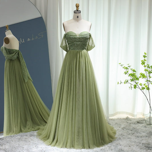 Elegant Off Shoulder Sage Evening Dresses for Women Wedding Guest Luxury Beaded Arabic Long Formal Party Gown SS314