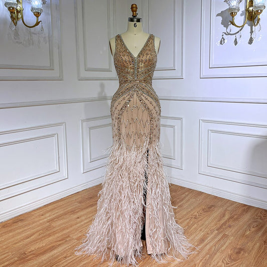 Green Sexy Mermaid Split Feathers Beaded Formal Arabic Luxury Prom Dress For Women Party LA71845