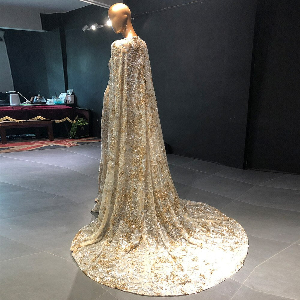 Sparkly Sequin Champagne Luxury Dubai Evening Dresses with Cape Long Elegant Arabic Wedding Formal Party Gowns SS