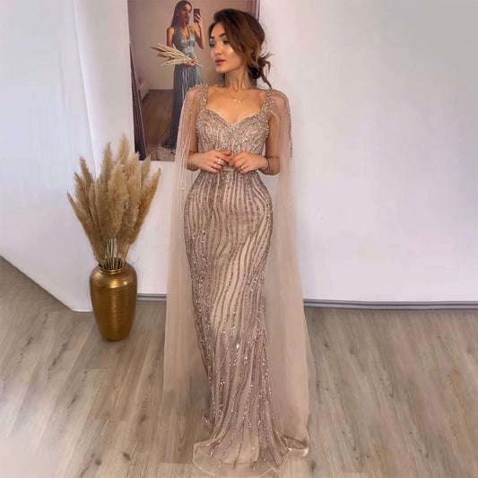 Arabic Luxury Beaded Mermaid Cape Sleeves Sexy Evening Dresses Gowns For Women Wedding Party LA71715n