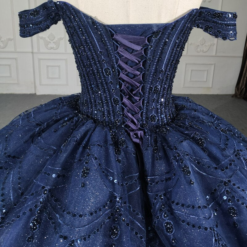 Navy blue shiny ball gown luxury evening quinceanera gala dress