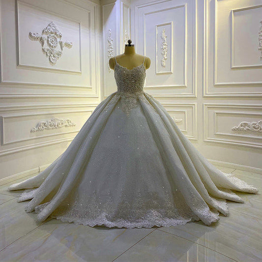 AM618 Spaghetti Straps Lace Appliques A-Line Glittter Wedding Dress