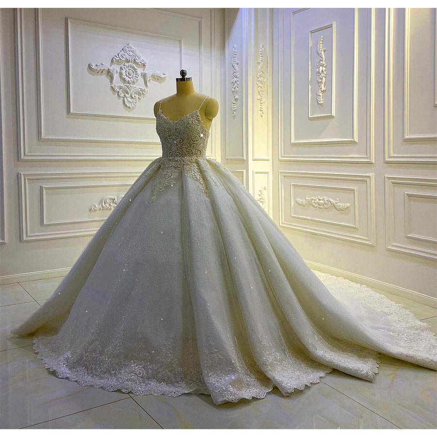 AM618 Spaghetti Straps Lace Appliques A-Line Glittter Wedding Dress