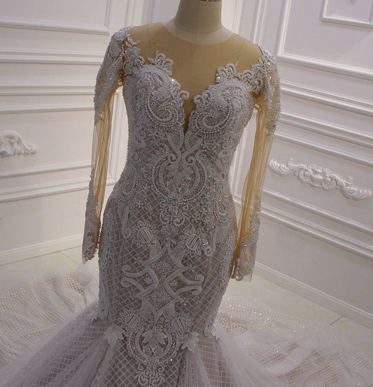 AM621 Lace Appliques Glitter Champagne Wedding Dress Mermaid
