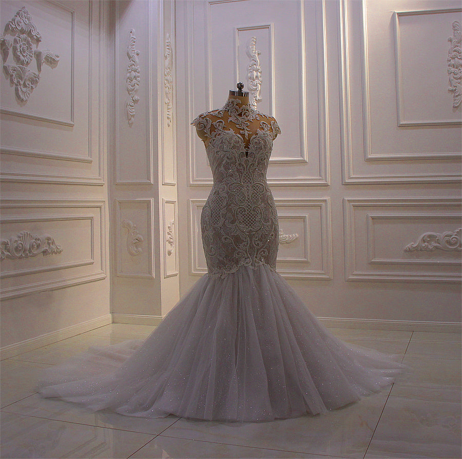 AM633 High Neck Long Sleeve Champagne Detachable Skirt mermaid Wedding dress