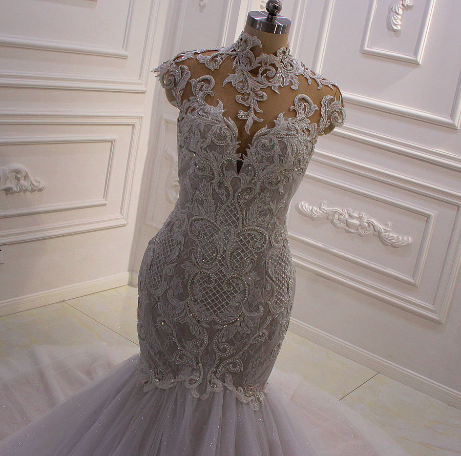 AM633 High Neck Long Sleeve Champagne Detachable Skirt mermaid Wedding dress