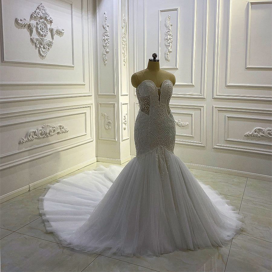 AM659 Mermaid Lace Applique Design Strapless luxury Wedding Dress