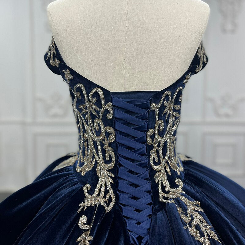 Velvet Blue Evening dress Off The Shoulder evening gala Quinceanera Dress