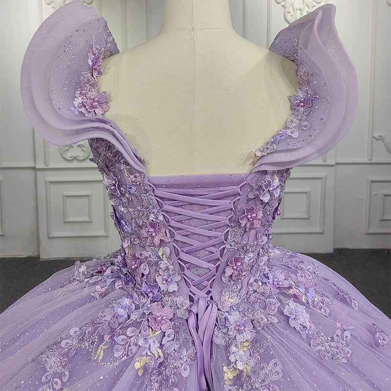 Purple Ruched v neckline quinceanera ball gown flower applique dress