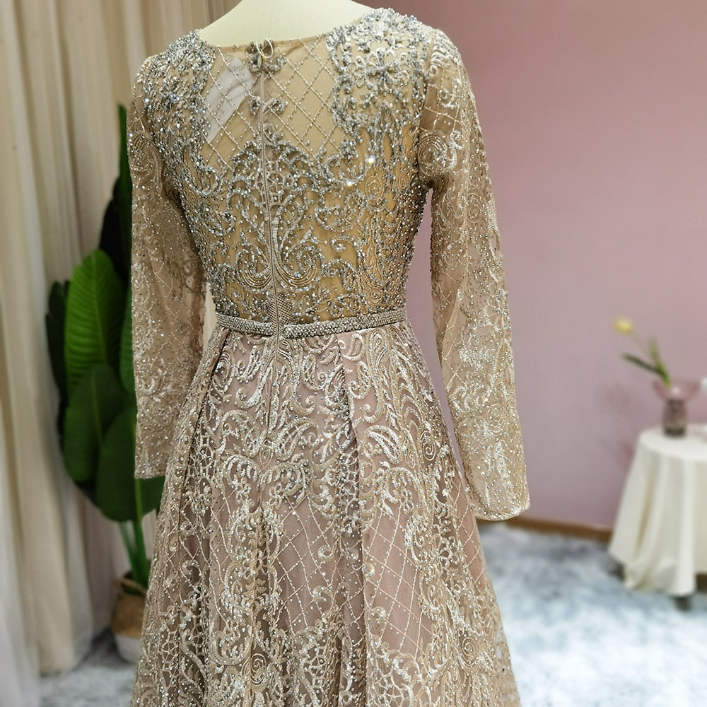 Elegant Nude Muslim Evening Dress Long Sleeve Luxury Crystal Dubai Plus Size Women Formal Dresses for Wedding Guest Party SS191