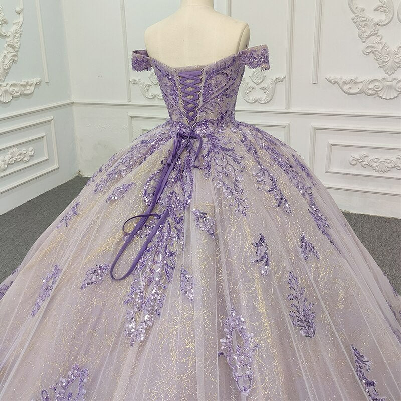 Purple shinny ball gown flower embriondery quinceanera evening dress