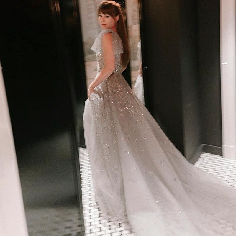 Sexy V-Neck Luxury Dubai Silver Gray Evening Dress Wedding Party Elegant Long Formal Prom Dresses SS097