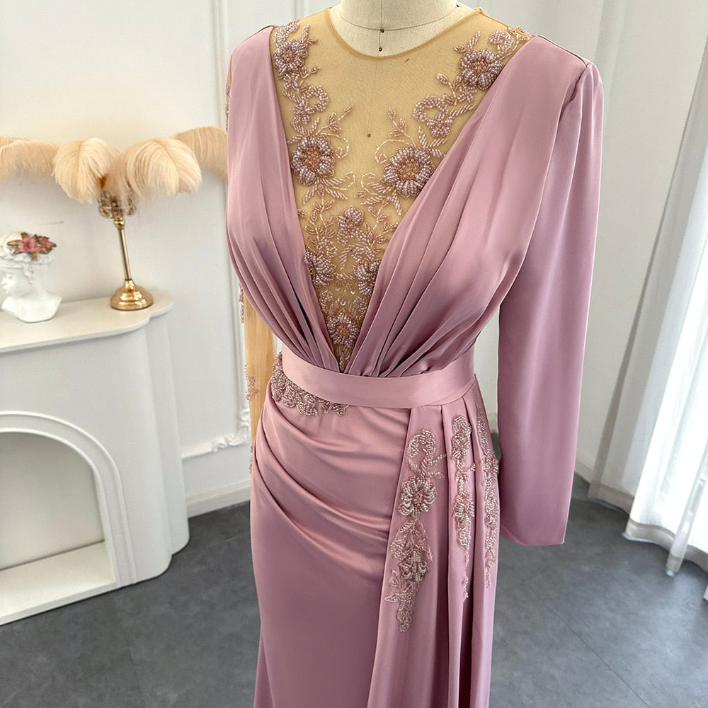 Dusty Pink Mermaid Arabic Evening Dress with Overskirt Long Sleeve Luxury Dubai Women Wedding Guest Party Gown SS519
