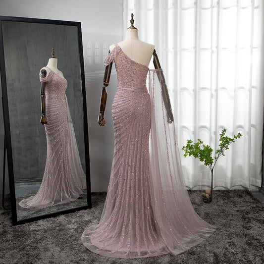 Pink One-Shoulder Luxury Mermaid Beaded Cape Sleeve Evening Dresses Elegant Gowns For Women Party LA71589