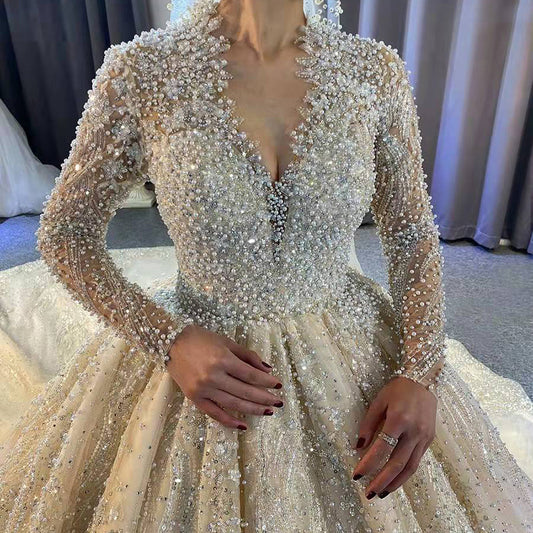 NS4096 Luxury Couture heavily beaded Scalloped Long Sleeve ball gown Wedding Dress