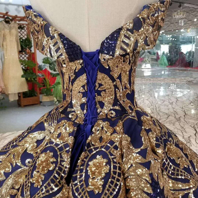 HTL387G Navy Blue Dubai Luxury Evening Dress Golden pattern ball gown dress