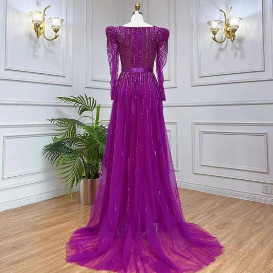 Luxury Dubai Fuchsia Evening Dresses for Women Wedding Long Sleeve Overskirt Arabic Formal Party LA71678