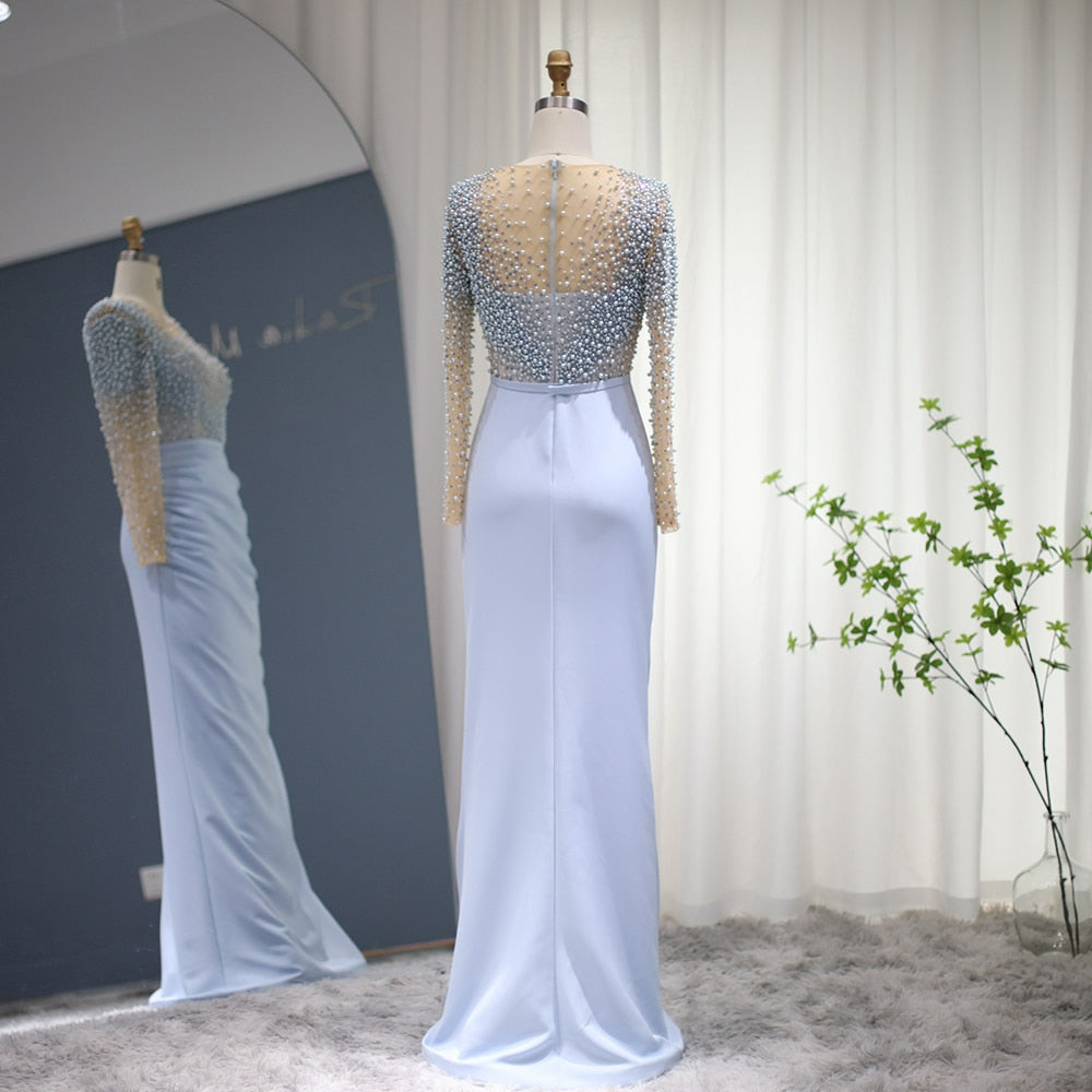 Blue Mermaid Arabic Evening Dresses Dubai Luxury Pearls Crystal Long Sleeves Muslim Formal Dress for Women Wedding SS272