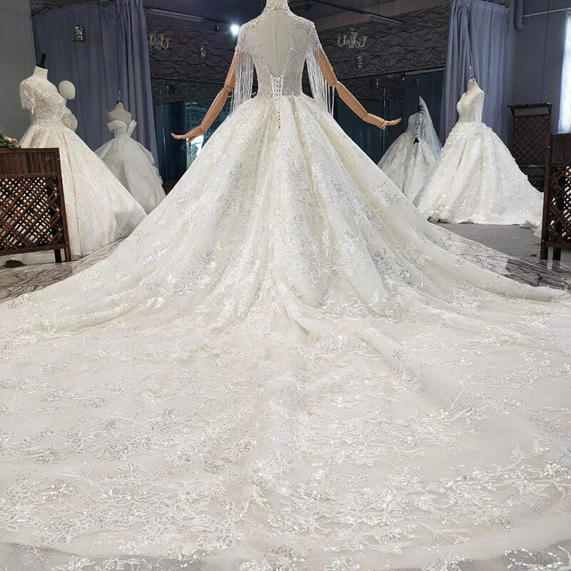 Graceful Beaded Tassels On Sleeves Pearls Crystal Custom Made designer Wedding Dress