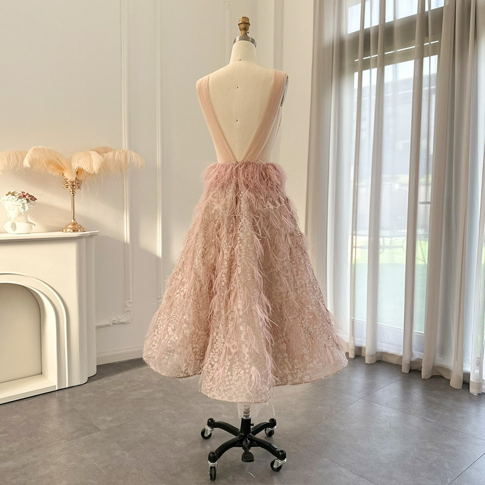 Luxury Dubai Feather Blush Pink Short Evening Dresses for Women Wedding Party Midi Formal Cocktail Prom Gowns SS216