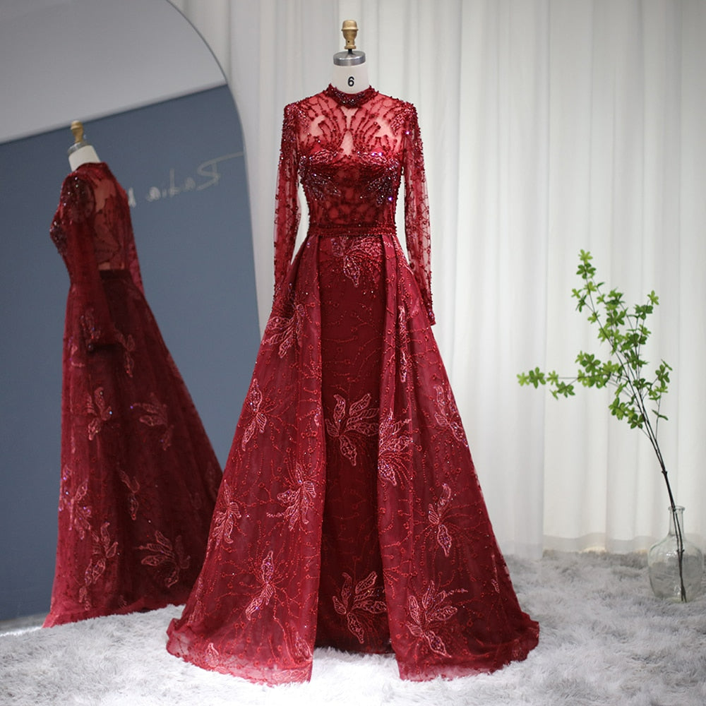 Luxury Blue Muslim Evening Dress with Overskirt Long Sleeve Burgundy Elegant Dubai Arabic Formal Dresses for Wedding