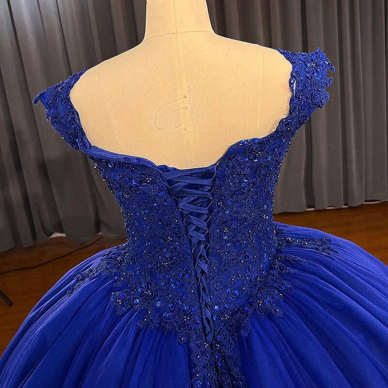 Shiny beaded cyrstals Blue luxury ball gown dress