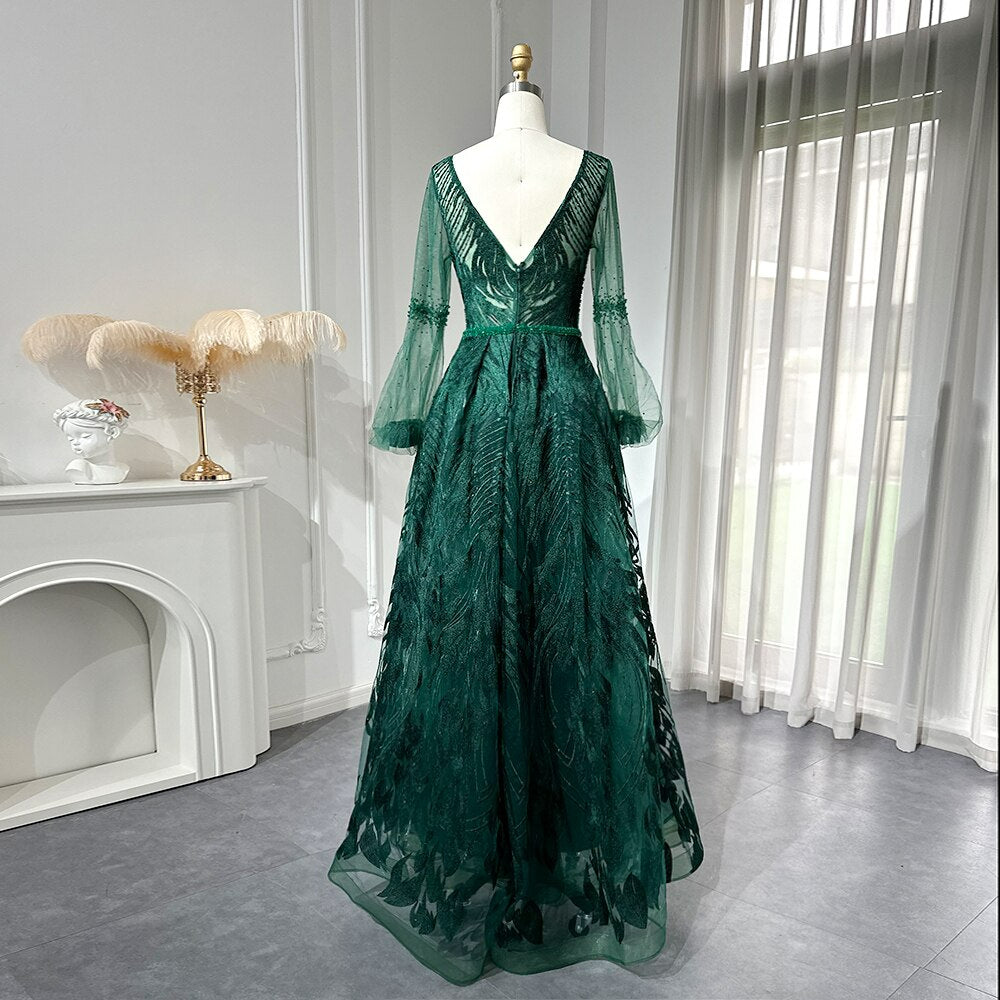 Emerald Green Luxury Crystal Evening Dress for Women Wedding Party Elegant V-Neck Long Sleeve Plus Size Formal SS148