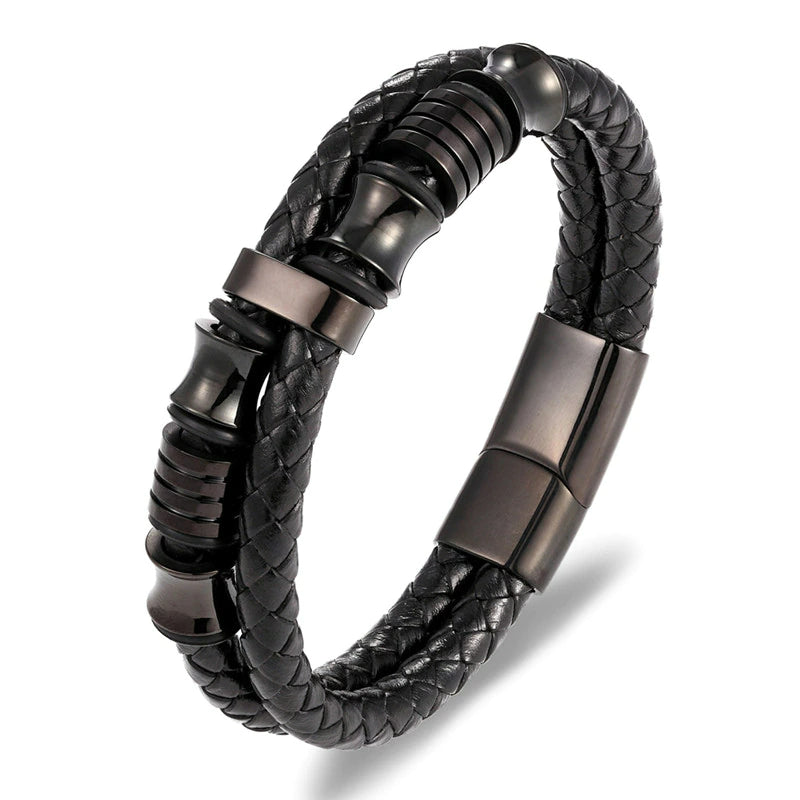 Fashion Stainless Steel Charm Magnetic Black Men Bracelet Leather Genuine Braided Punk Rock Bangles Jewelry Accessories