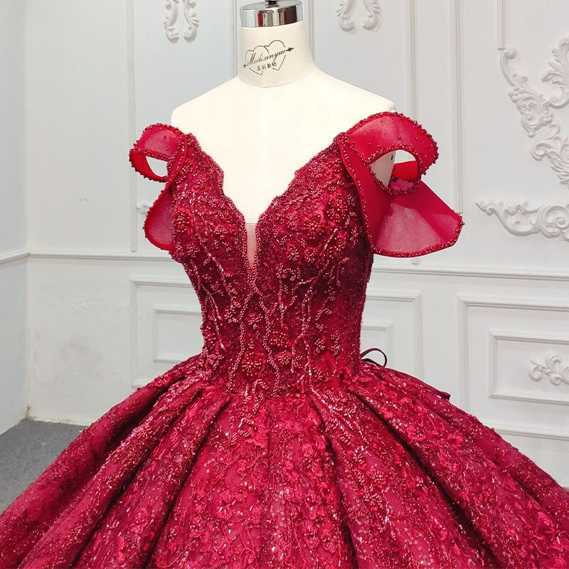 Red off the shoulder flower applique sequin luxury ball gown gala evening wedding  dress