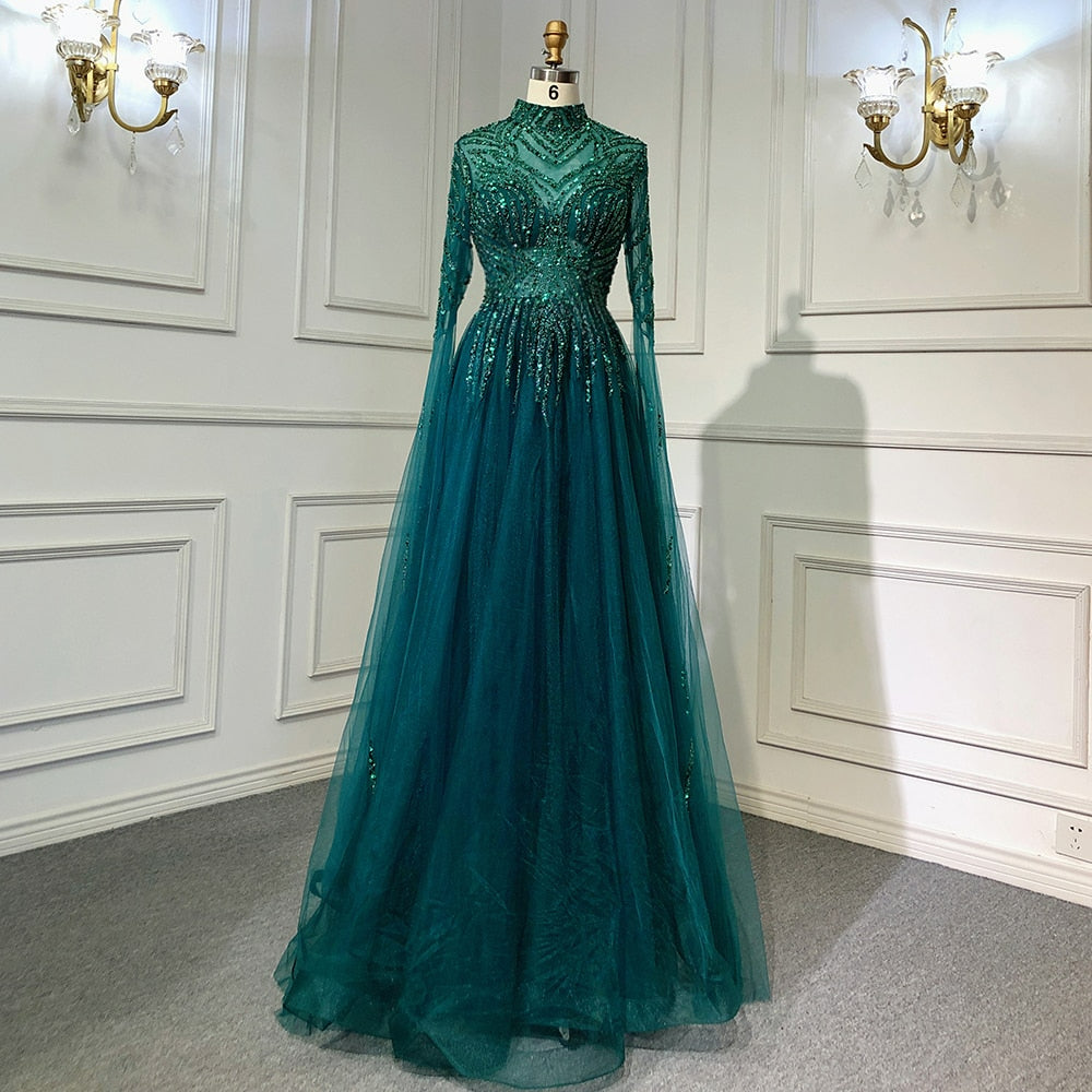 Green A-Line Luxury Beaded Evening Dresses Gowns For Women Party LA71640