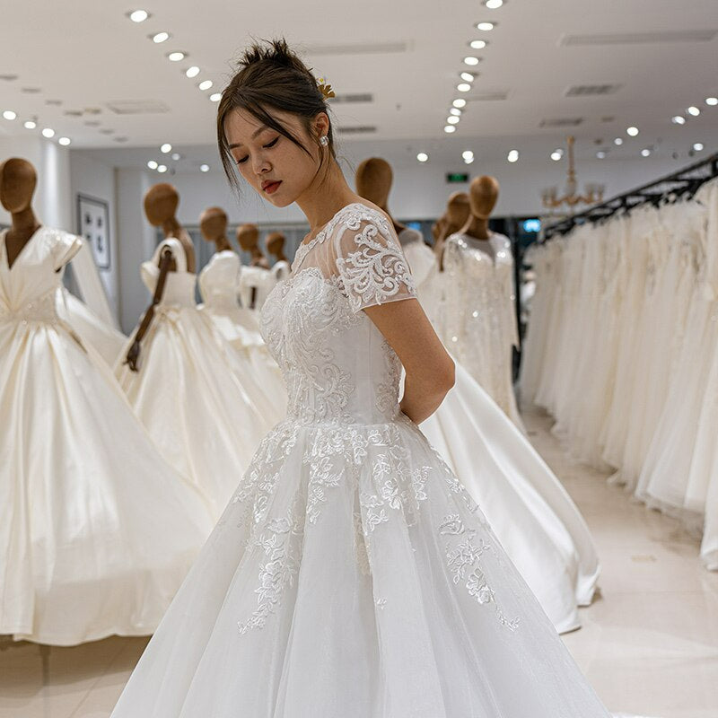 Elegant ball gown wedding dress short sleeve lace beads white bridal c –  AiSO BRiDAL