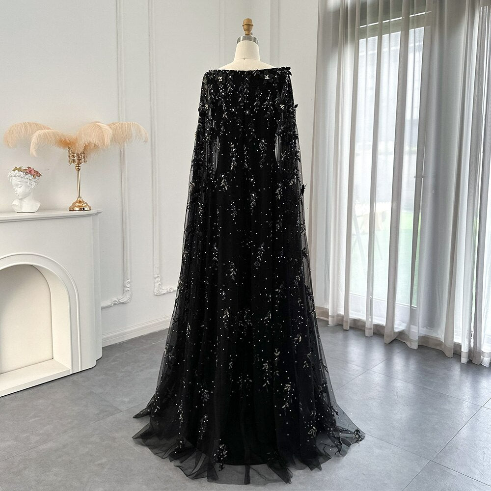 Luxury 3D Flowers Black Satin Arabic Evening Dress with Cape Elegant Mermaid Long Women Formal Party Gowns SS479
