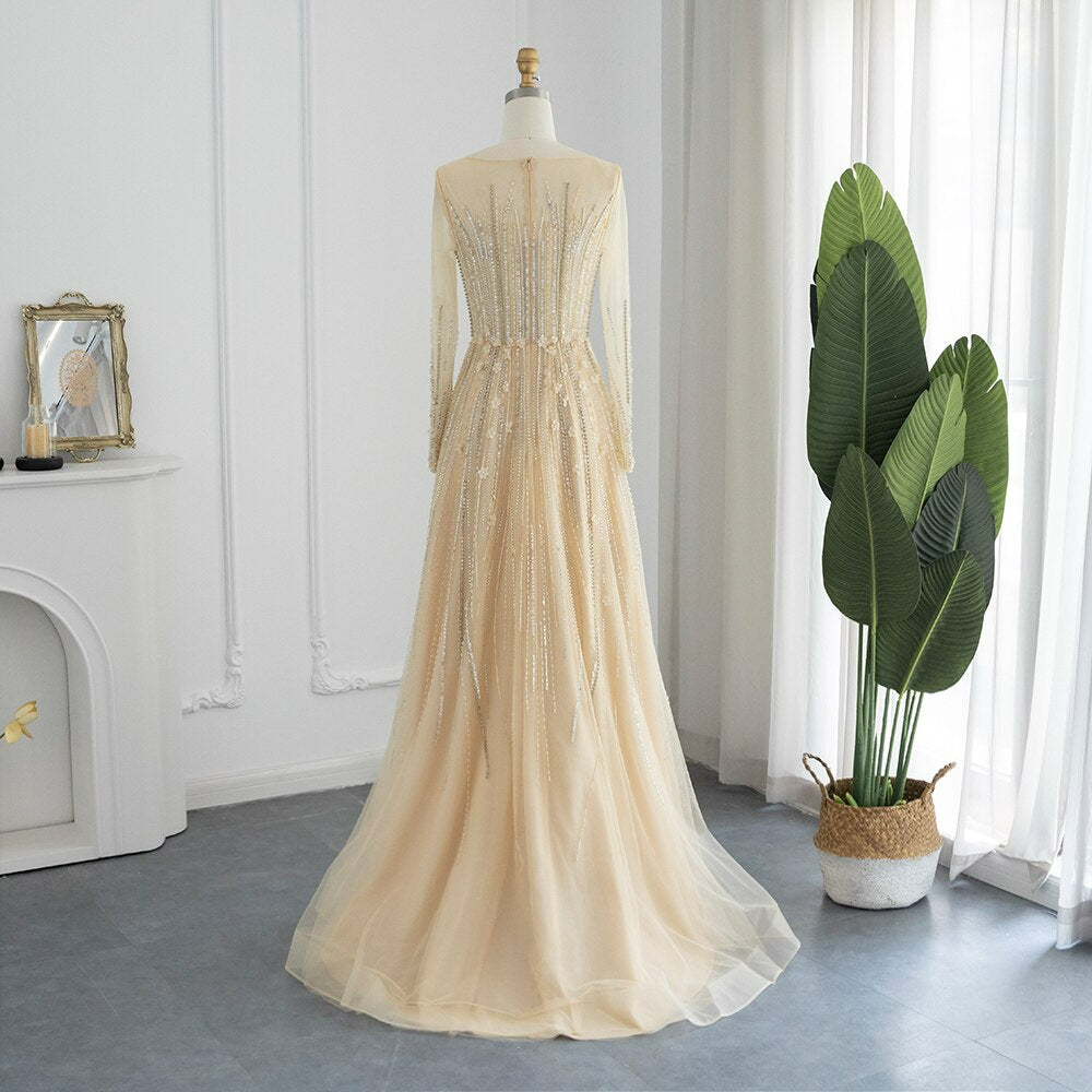 Elegant Gold 3D Flowers Luxury Dubai Evening Dresses for Women Wedding Party Beading Arabic Formal Prom Gowns SS311