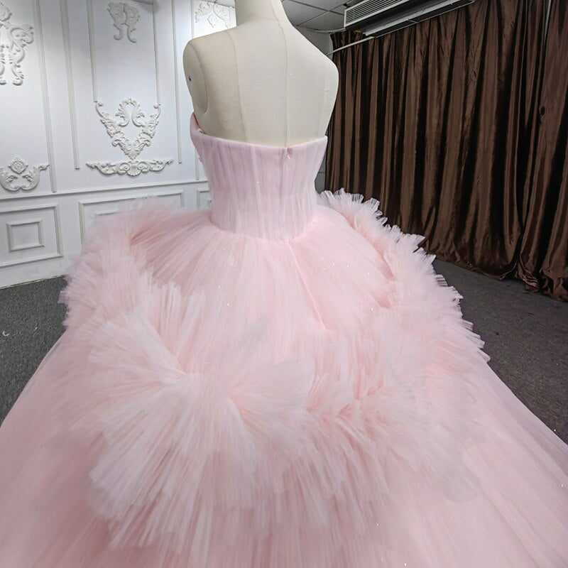 Tulle pink sweetheart neckline pleated luxury lace evening prom quinceanera wedding dress