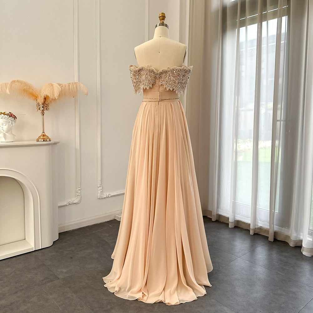 Luxury Crystal Champagne Dubai Evening Dress Wedding Guest Party Elegant Long Arabic Formal Dress SS302