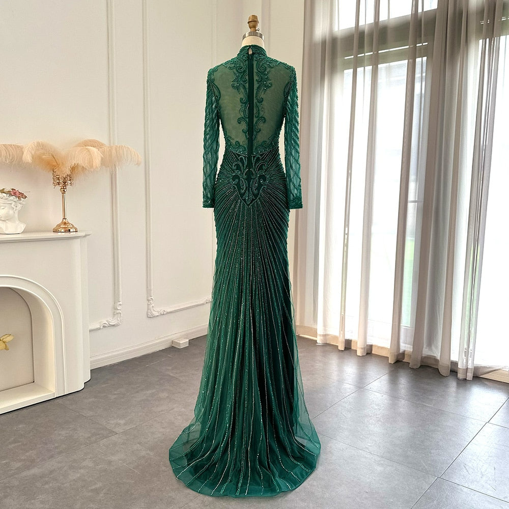 Heavy Beaded Emerald Green Dubai Luxury Evening Dresses for Women Wedding Muslim Arabic Champagne Formal Gowns SS051