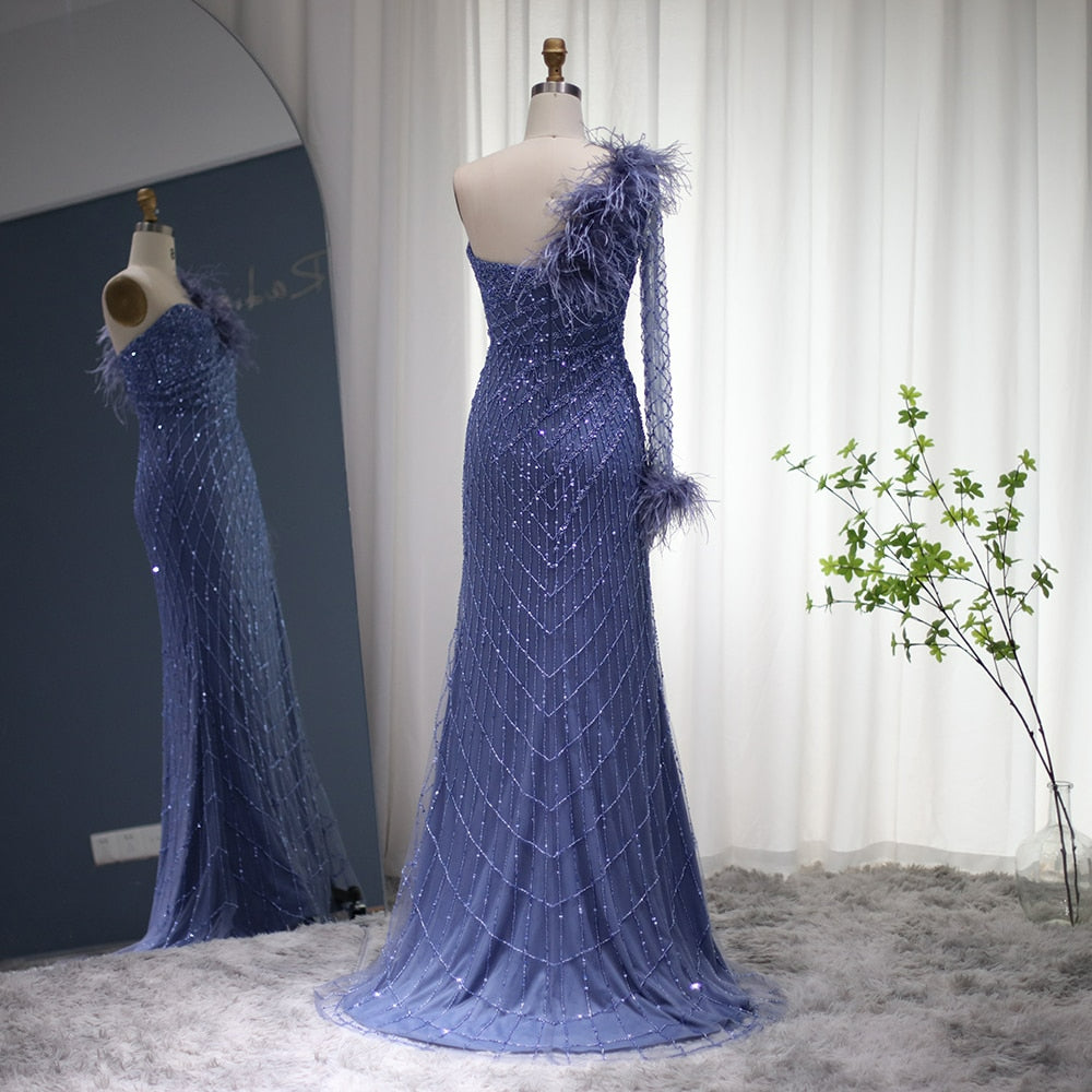 Luxury Dubai Feather Blue Mermaid Evening Dress Sexy One Shoulder High Slit Prom Party Dress for Women Wedding SS229
