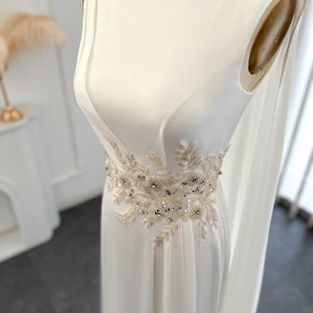 Luxury Dubai White Evening Dress with Cape Beaded Elegant Arabic Women Prom Formal Dresses for Wedding Party SS301