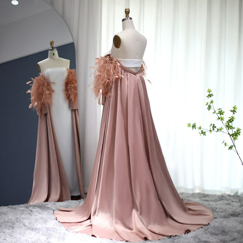 SS290Luxury Dubai Feather Rose Pink Evening Dress with Cape Dubai Elegant Formal Dresses for Women Wedding Party SS290